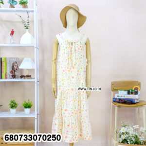 A light blue floral print maxi dress on a mannequin, perfectly suited for a beach vacation and resort wear.