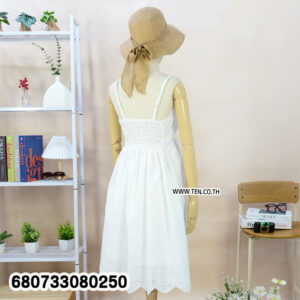 Breezy white cotton midi dress styled with a beach hat, shown from front and ba