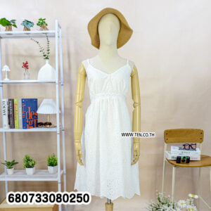 Breezy white cotton midi dress styled with a beach hat, shown from front and ba