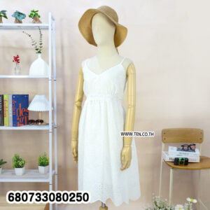 Breezy white cotton midi dress styled with a beach hat, shown from front and ba