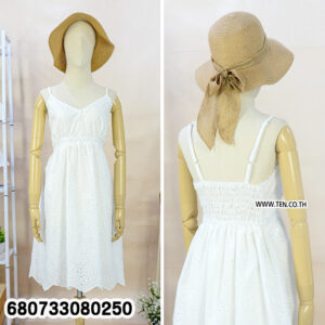 Breezy white cotton midi dress styled with a beach hat, shown from front and ba