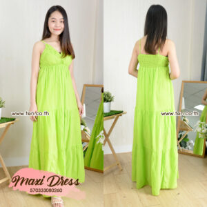 Close-up view of the ruffled V-neck detail on a light blue flowy maxi dress.