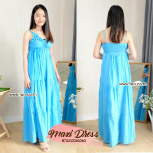 Close-up view of the ruffled V-neck detail on a light blue flowy maxi dress.