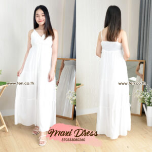 Close-up view of the ruffled V-neck detail on a light blue flowy maxi dress.