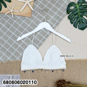 Crochet bikini top with shell edging in beige, black, and white.