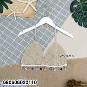 Crochet bikini top with shell edging in beige, black, and white.