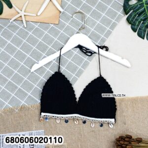 Crochet bikini top with shell edging in beige, black, and white.