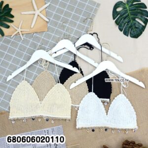 Crochet bikini top with shell edging in beige, black, and white.