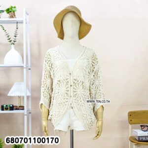 Beige and white crochet boho kimono cardigans displayed on mannequin and hanger.