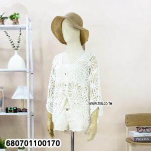 Beige and white crochet boho kimono cardigans displayed on mannequin and hanger.