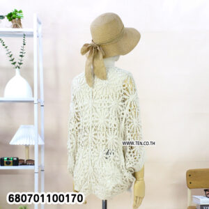 Beige and white crochet boho kimono cardigans displayed on mannequin and hanger.