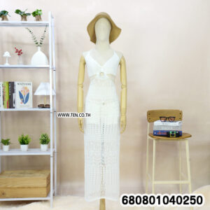 Bohemian crochet swim cover up dress with open cut-out waist and tie-back details.