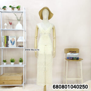 Bohemian crochet swim cover up dress with open cut-out waist and tie-back details.