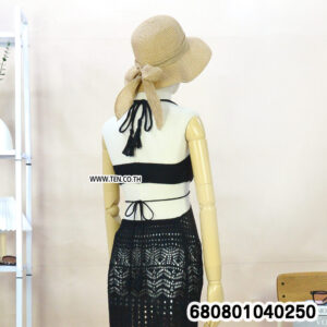 Bohemian crochet swim cover up dress with open cut-out waist and tie-back details.