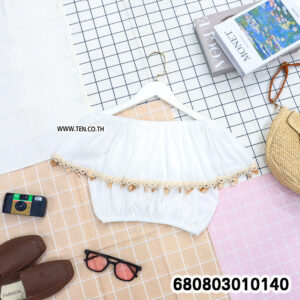 Bohemian summer off shoulder top with lace trim in beige and white, styled flat lay.