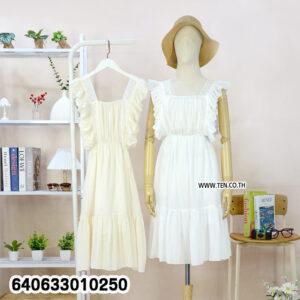White mini dress with ruffled sleeves displayed on mannequin