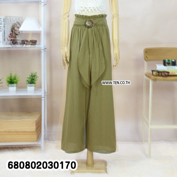 Summer palazzo pants styled with a straw hat and white crochet top on a mannequin