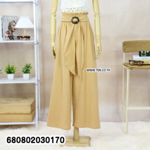 Summer palazzo pants styled with a straw hat and white crochet top on a mannequin