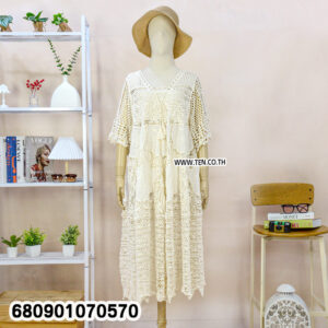 White and beige boho crochet summer dresses on mannequin and hanger