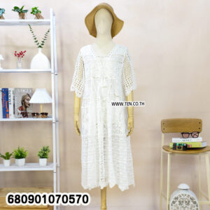 White and beige boho crochet summer dresses on mannequin and hanger
