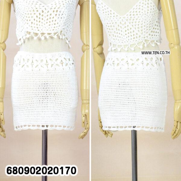 "White handmade crochet mini skirt styled with floral waist detail and boho design"