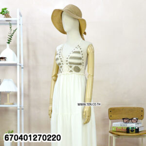 Boho crochet white maxi dress with tie-back and woven top, styled with straw hat.