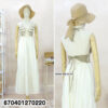 Boho crochet white maxi dress with tie-back and woven top, styled with straw hat.
