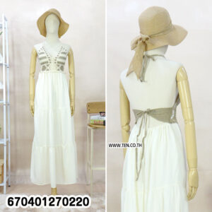 Boho crochet white maxi dress with tie-back and woven top, styled with straw hat.