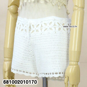 Crochet beachwear shorts outfit front view – white handmade crochet shorts with floral design, free size and stretchable waist, perfect for beach crochet fashion."