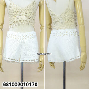 Crochet beachwear shorts outfit front view – white handmade crochet shorts with floral design, free size and stretchable waist, perfect for beach crochet fashion."