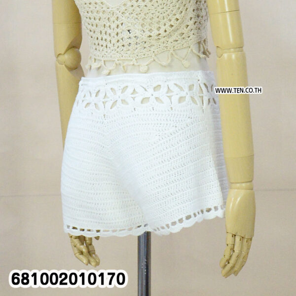 "Crochet beachwear shorts outfit front view – handmade white crochet beachwear shorts with floral waistband, free size and stretchable back for summer fashion."