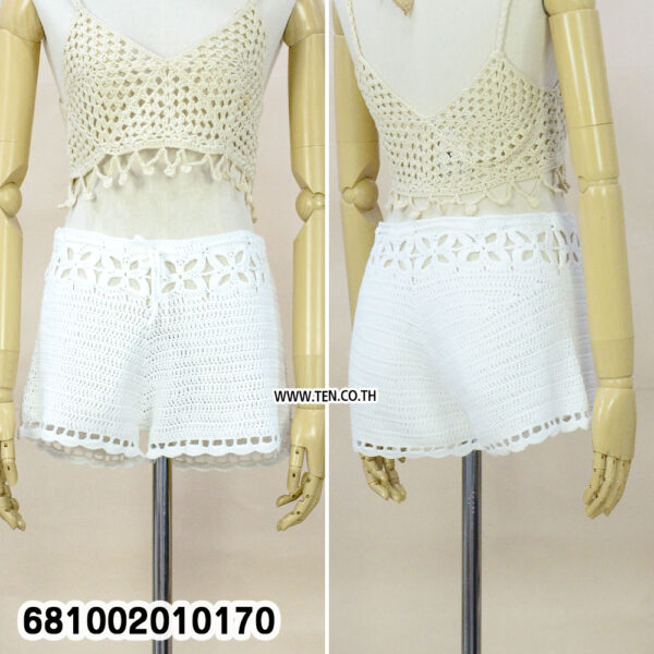 Crochet beachwear shorts outfit front view – white handmade crochet shorts with floral design, free size and stretchable waist, perfect for beach crochet fashion."