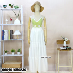 “Black crochet summer maxi dress with white skirt displayed on mannequin for beach fashion.”
