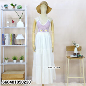 “Black crochet summer maxi dress with white skirt displayed on mannequin for beach fashion.”