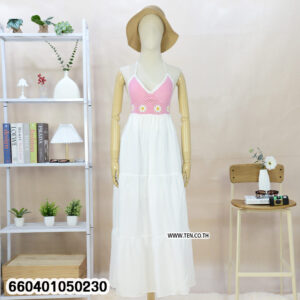 “Black crochet summer maxi dress with white skirt displayed on mannequin for beach fashion.”