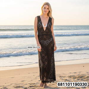 “Black floral crochet lace maxi dress with deep V neckline, open sides, and full-length boho summer style — front and back views on mannequin.”