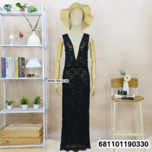 “Black floral crochet lace maxi dress with deep V neckline, open sides, and full-length boho summer style — front and back views on mannequin.”