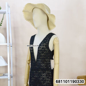 “Black floral crochet lace maxi dress with deep V neckline, open sides, and full-length boho summer style — front and back views on mannequin.”