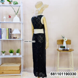 “Black floral crochet lace maxi dress with deep V neckline, open sides, and full-length boho summer style — front and back views on mannequin.”