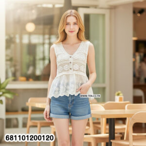 “White crochet lace blouse with scalloped hem, sleeveless boho summer top styled with denim shorts — front and back view.”