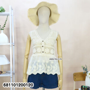 “White crochet lace blouse with scalloped hem, sleeveless boho summer top styled with denim shorts — front and back view.”