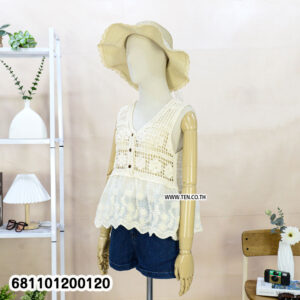 “White crochet lace blouse with scalloped hem, sleeveless boho summer top styled with denim shorts — front and back view.”