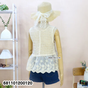 “White crochet lace blouse with scalloped hem, sleeveless boho summer top styled with denim shorts — front and back view.”