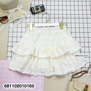Three layered mini skirts (White, Beige, Black) featuring crochet lace tiers and ruffles. Free-size resort wear wholesale