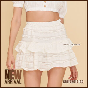 Three layered mini skirts (White, Beige, Black) featuring crochet lace tiers and ruffles. Free-size resort wear wholesale