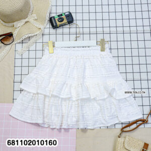 Three layered mini skirts (White, Beige, Black) featuring crochet lace tiers and ruffles. Free-size resort wear wholesale