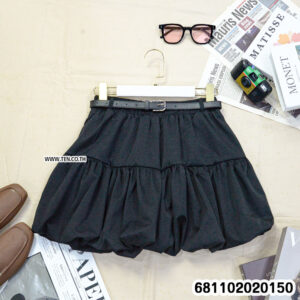 Three Clean Cut Minimal Puff Skirts (Black, Brown, White) displayed with belts on hangers. Free-size short tiered skirt wholesale