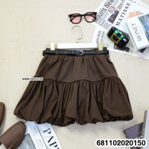 Three Clean Cut Minimal Puff Skirts (Black, Brown, White) displayed with belts on hangers. Free-size short tiered skirt wholesale