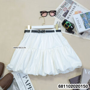 Three Clean Cut Minimal Puff Skirts (Black, Brown, White) displayed with belts on hangers. Free-size short tiered skirt wholesale