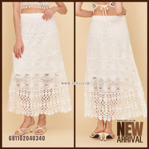 Full-length image of a natural white, handmade, open-weave cotton crochet maxi skirt and matching tank top set displayed on a mannequin.